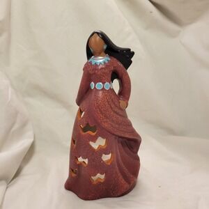 Native American Woman Tea Light Candle Holder Ceramic